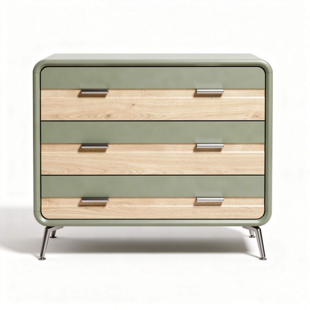 Green and wood three-drawer storage cabinet 80 x 45 x 70cm