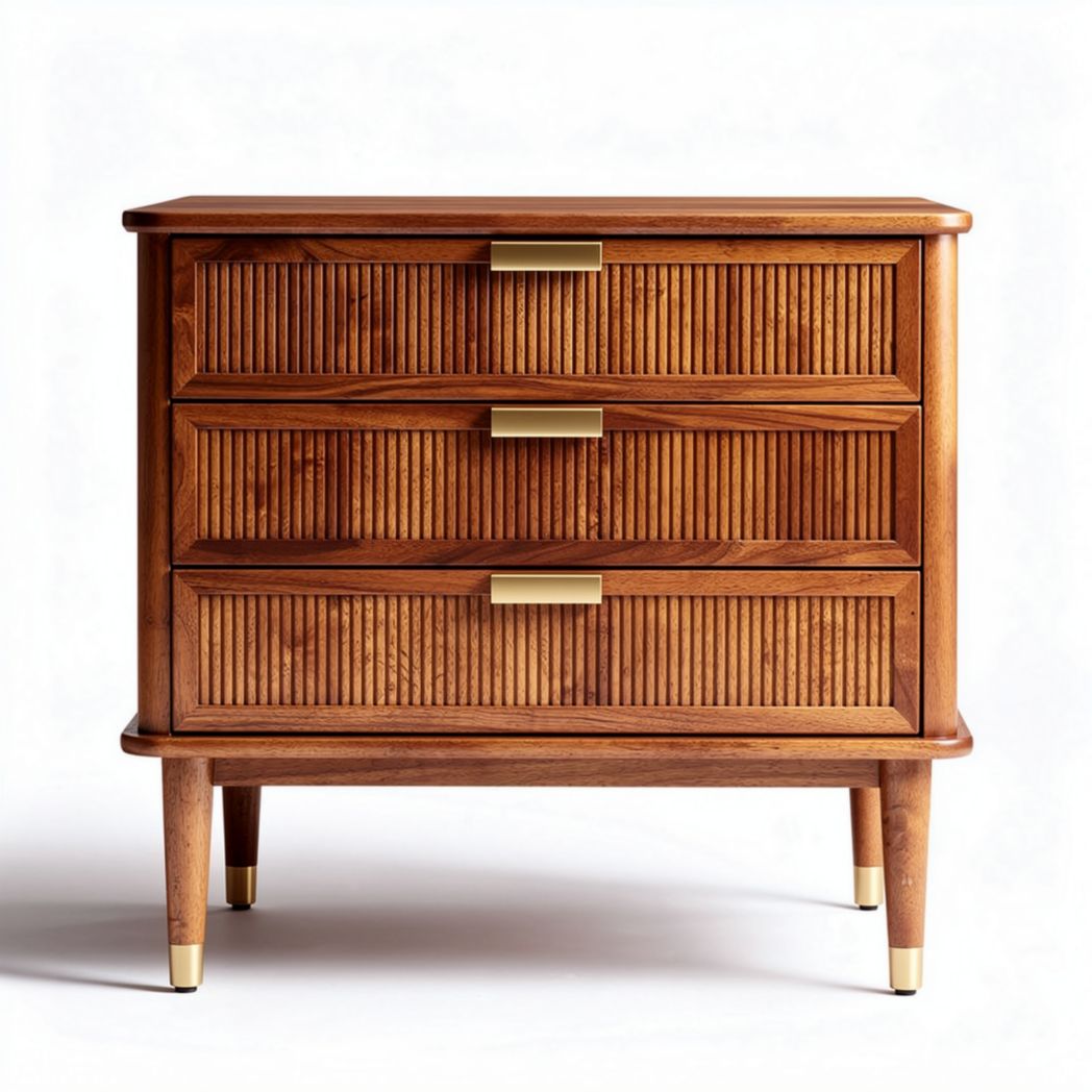 Wooden three-drawer storage cabinet with ribbed design and brass handles 60 x 40 x 70cm