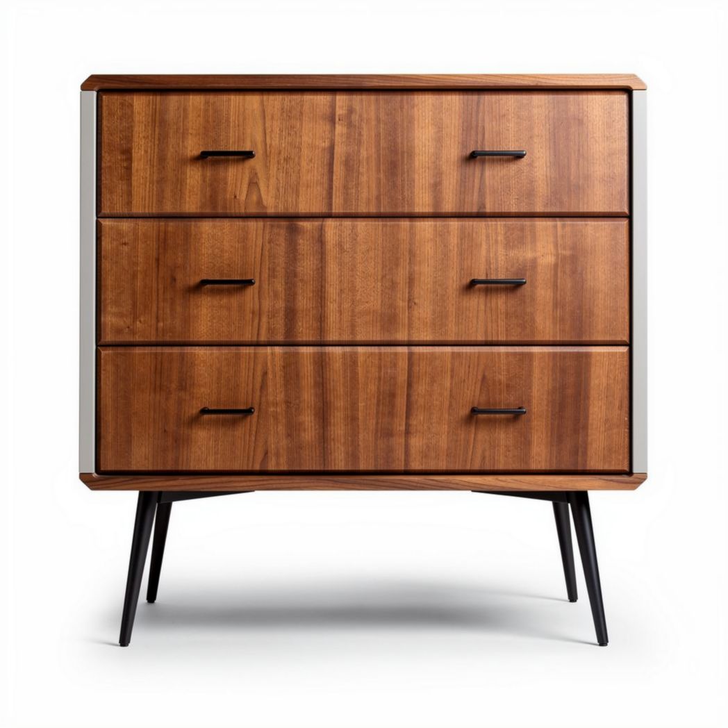Wooden dresser with three drawers and metal legs in walnut finish 80 x 40 x 90cm
