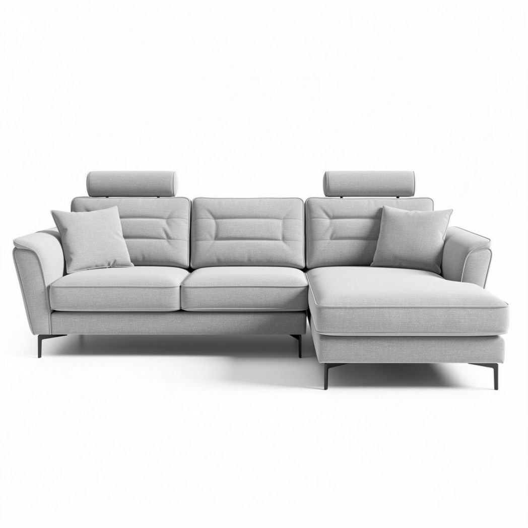 Modern gray sectional sofa with adjustable headrests and two pillows 240 x 180 x 80cm