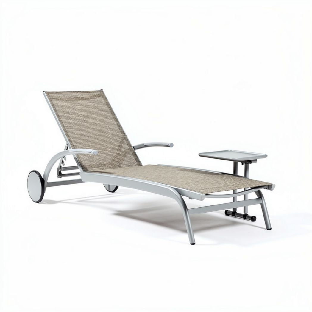 Outdoor wooden lounge chair with adjustable backrest and navy fabric seat