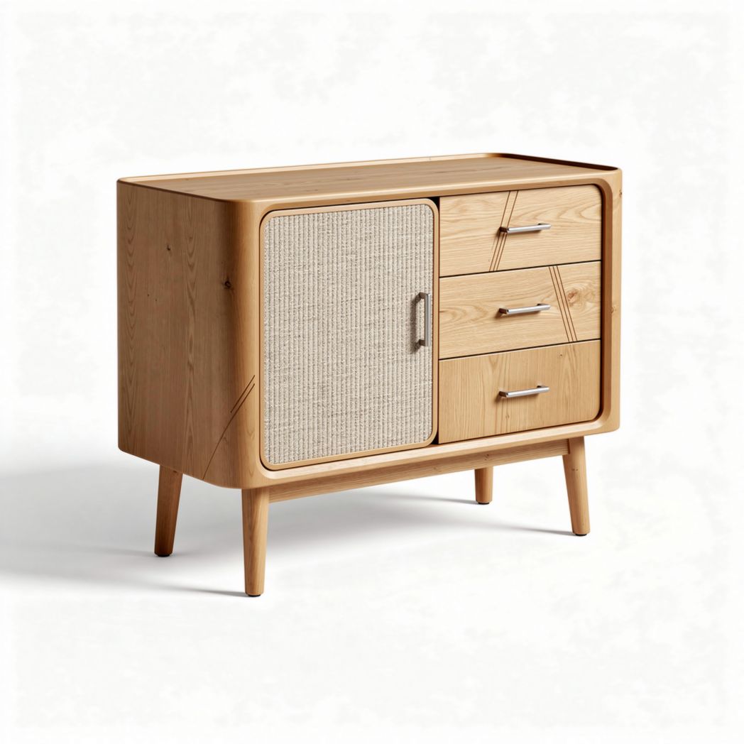 Wooden sideboard with woven door and three drawers 90 x 45 x 75cm