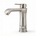 Brushed nickel bathroom faucet with single handle and contemporary design