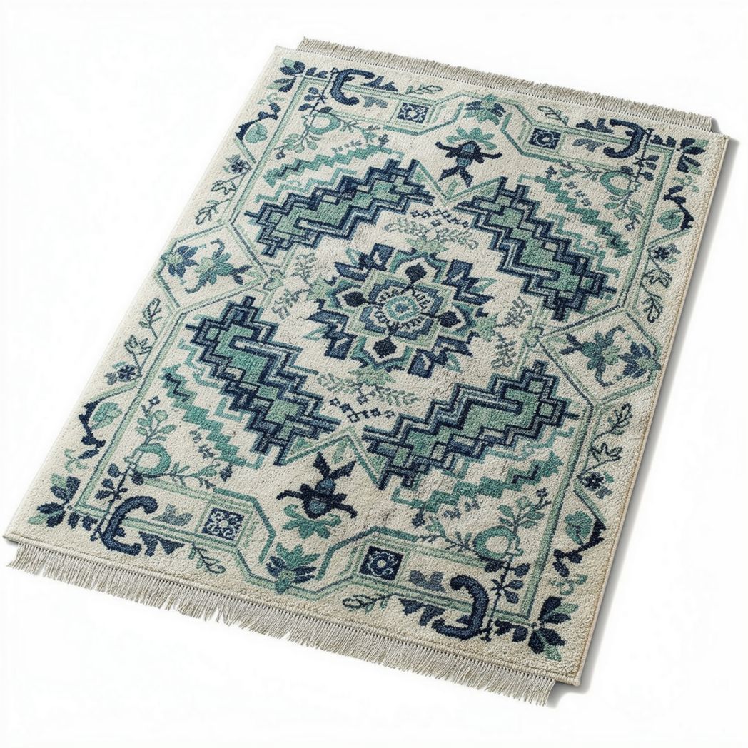 Vintage floral patterned area rug in blue and ivory 150 x 100 x 1cm