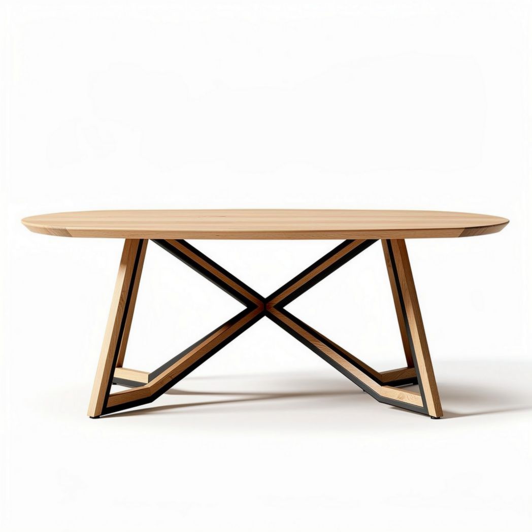 Oak wood dining table with round top and angled legs 180 x 90 x 75cm
